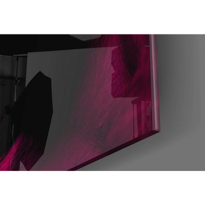 Bold red Gorilla Glass wall art with translucent magenta textured panel