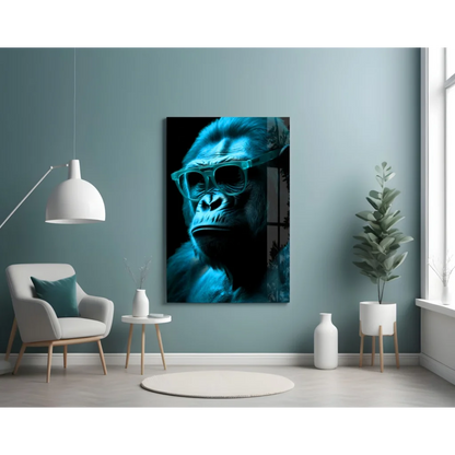 Bold teal gorilla in sunglasses on red glass wall art canvas