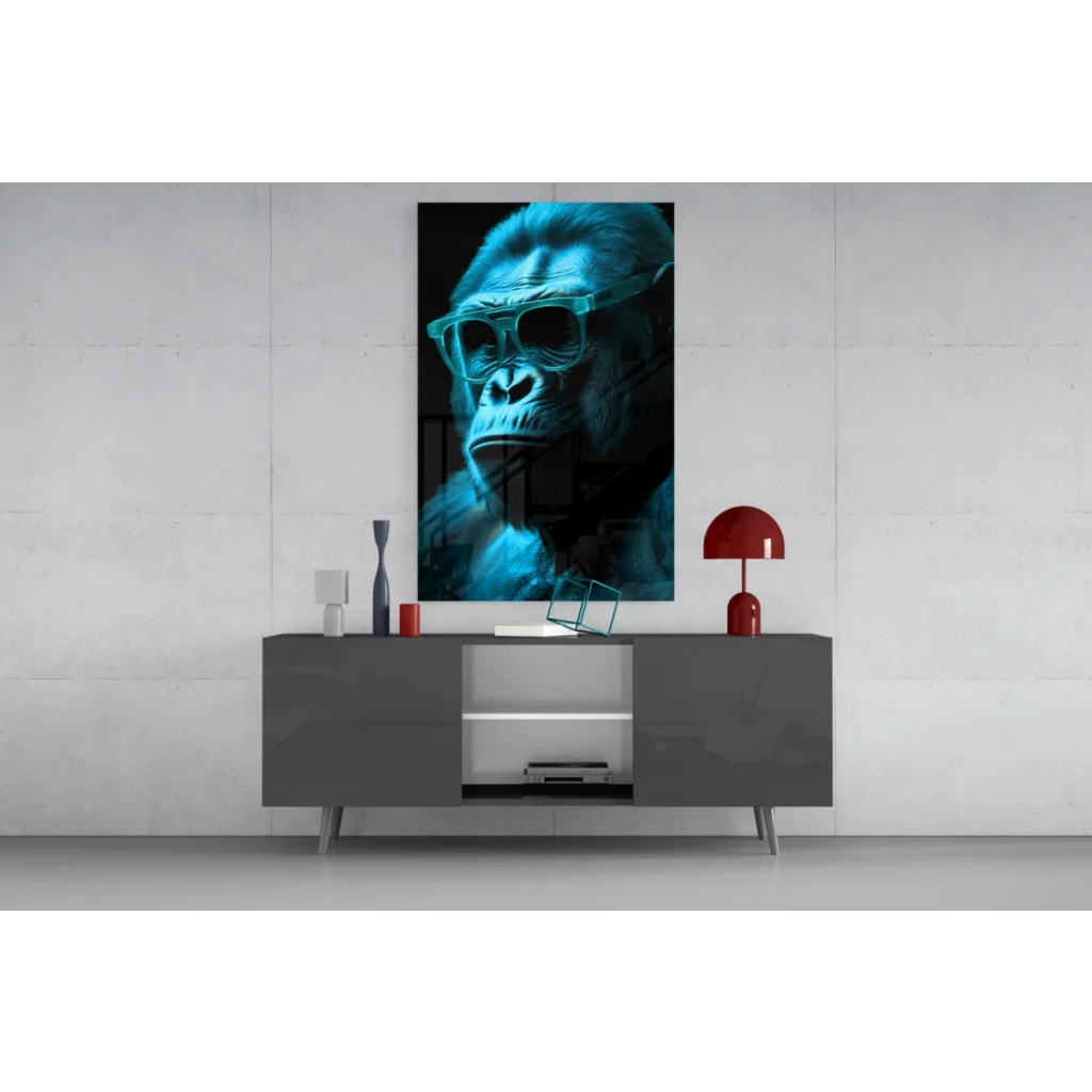 Cyan gorilla in sunglasses on bold red glass wall art canvas print