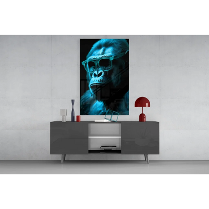 Cyan gorilla in sunglasses on bold red glass wall art canvas print