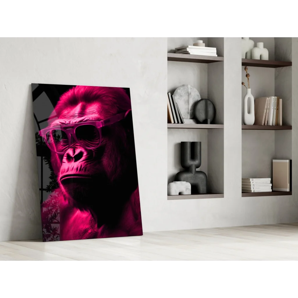 Bold red gorilla glass wall art with sunglasses portrait on canvas leaning against white wall