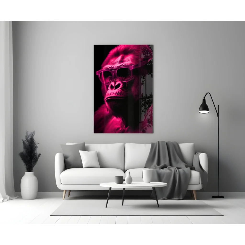 Vibrant magenta gorilla glass wall art with black sunglasses on gray wall