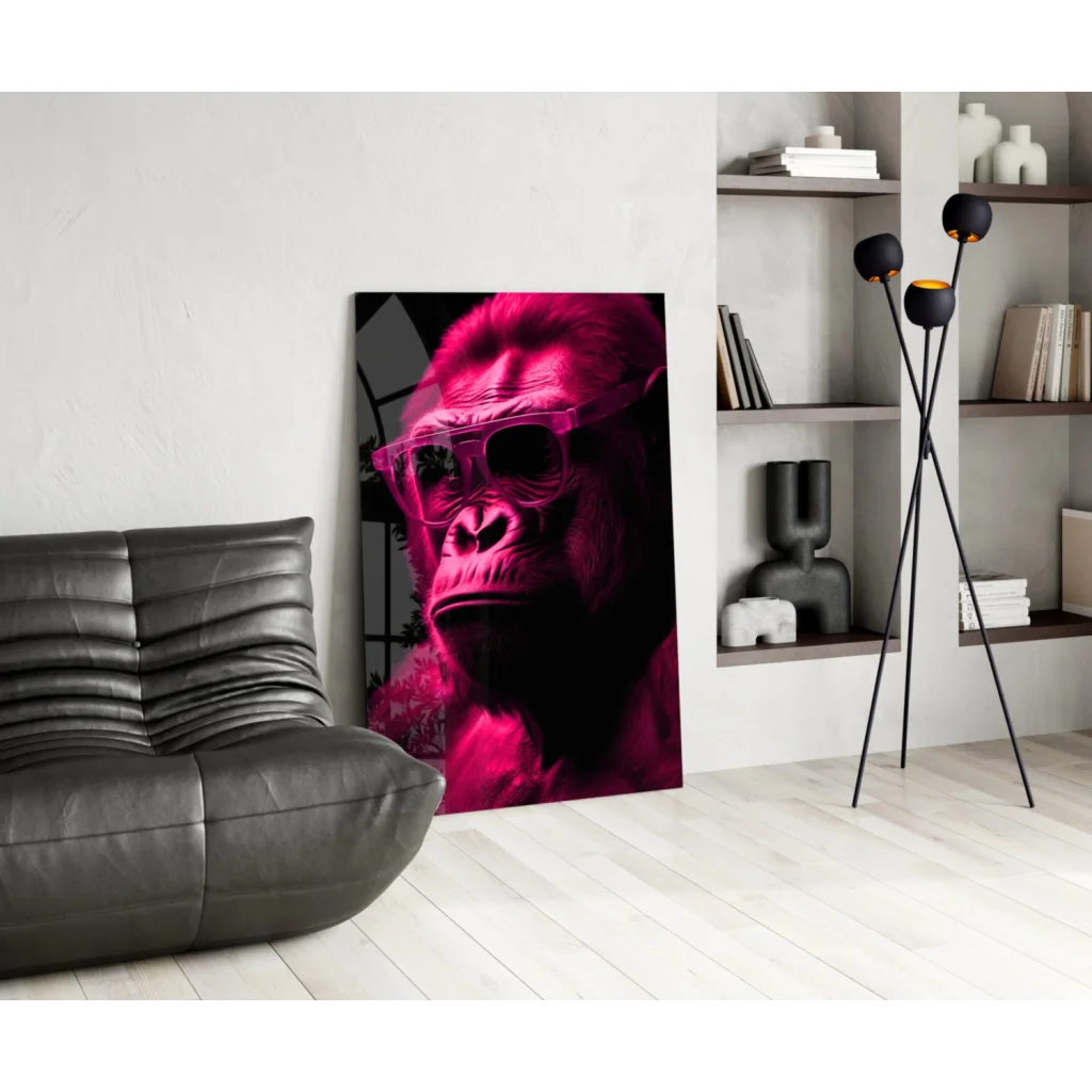 Vibrant magenta gorilla in sunglasses on bold red glass wall art canvas print