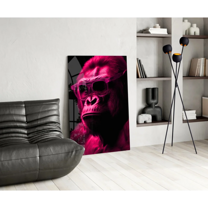 Vibrant magenta gorilla in sunglasses on bold red glass wall art canvas print