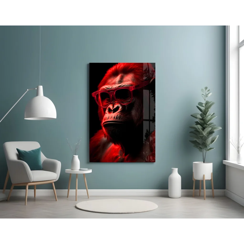 Bold Red Gorilla Glass Wall Art with Sunglasses Canvas Print | Contemporary Home Wall Art | vintageantiquesgifts.com