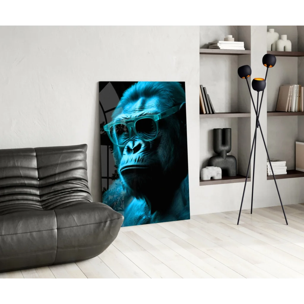 Bold red gorilla glass wall art with stylish sunglasses on cyan canvas