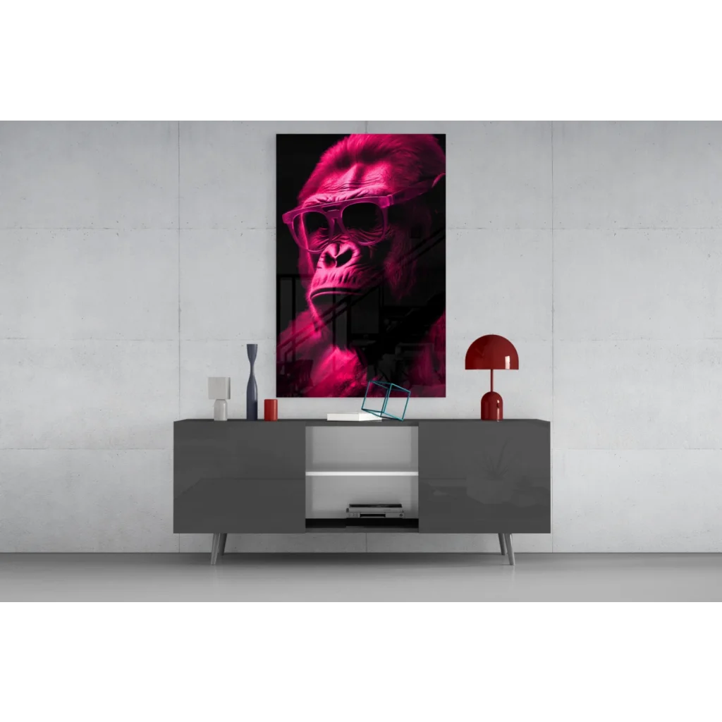 Vibrant magenta gorilla glass wall art with bold black outlines and reflective sunglasses on canvas