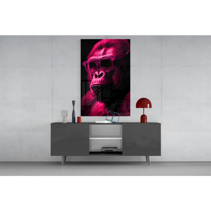 Vibrant magenta gorilla glass wall art with bold black outlines and reflective sunglasses on canvas