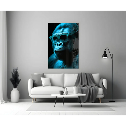Bold cyan gorilla in sunglasses glass wall art on gray wall