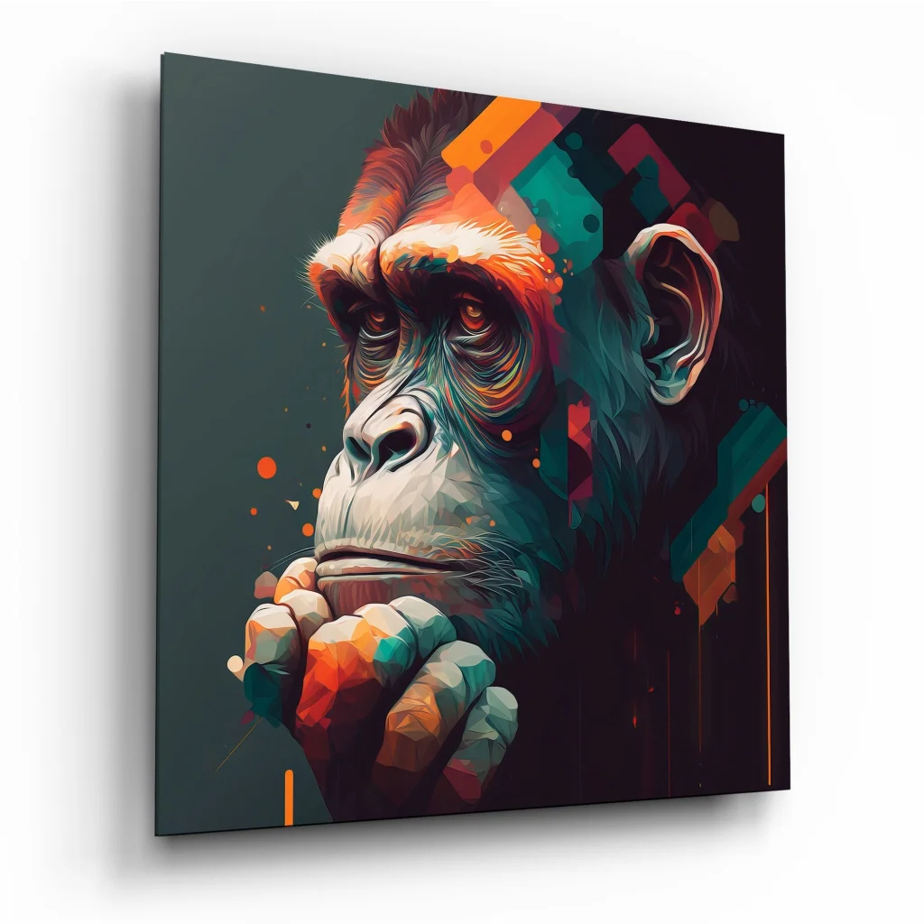 Vibrant monkey tempered glass art with bold geometric patterns