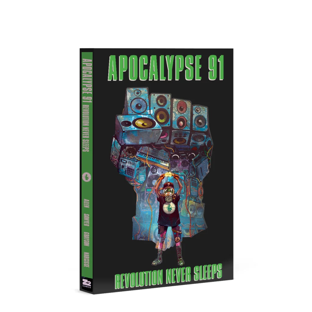 Apocalypse 91 graphic novel by Evan Narcisse with blue silver speaker fist handbag
