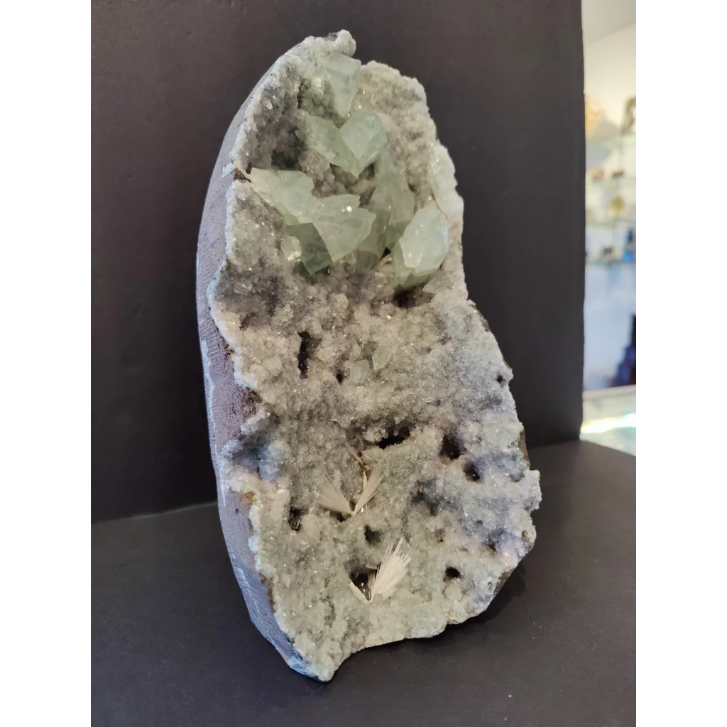 Apophyllite 2450g cabinet specimen with translucent green geode crystals on gray matrix