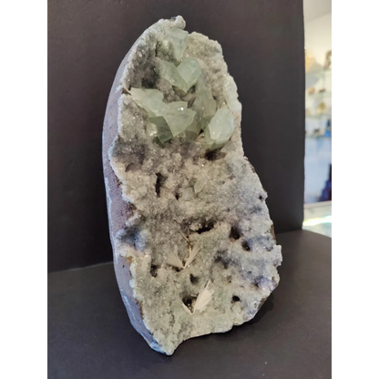 Apophyllite 2450g cabinet specimen with translucent green geode crystals on gray matrix