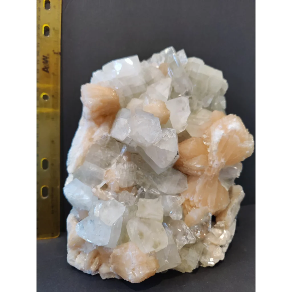 Apophyllite cabinet specimen 3555g with clear peach cubic crystals