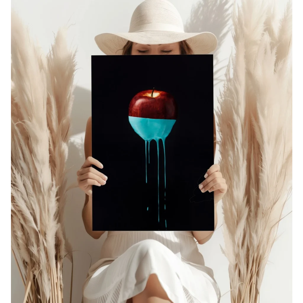Glossy red apple with turquoise drip on Insigne Aluminum Prints