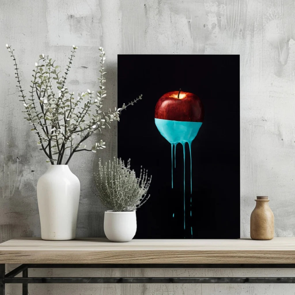 Glossy red apple with turquoise drip on Insigne Aluminum Prints