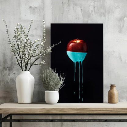 Glossy red apple with turquoise drip on Insigne Aluminum Prints