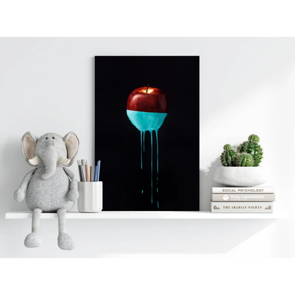 Red apple with turquoise drip on Insigne Aluminum Prints black background