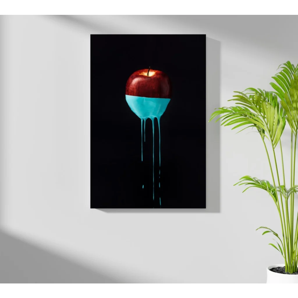 Red apple with turquoise drip on insigne aluminum prints