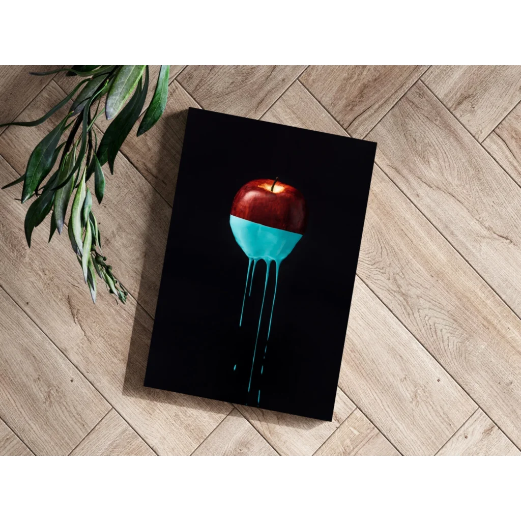 Red apple with turquoise drip on insigne aluminum print
