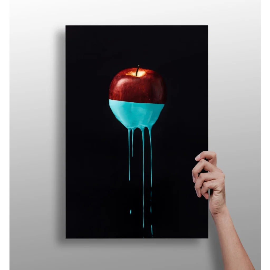 Glossy red apple with turquoise drip on Insigne Aluminum Prints