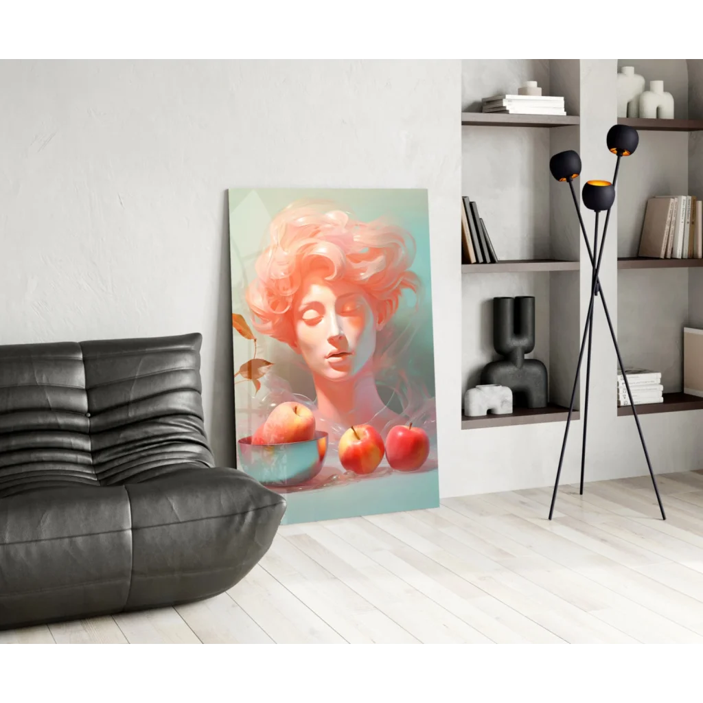 Dreamy pastel portrait wall art canvas print with pink curls and apples