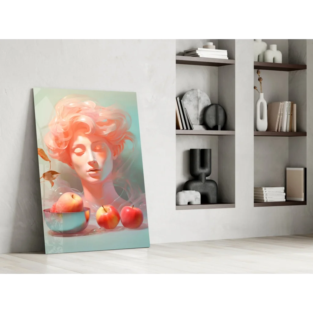 Serene woman with pink curls and red apples in dreamy pastel wall art canvas print