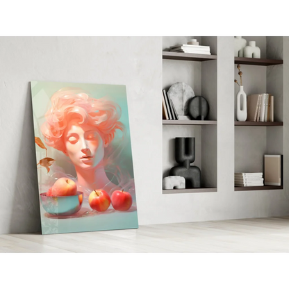 Serene woman with pink curls and red apples in dreamy pastel wall art canvas print