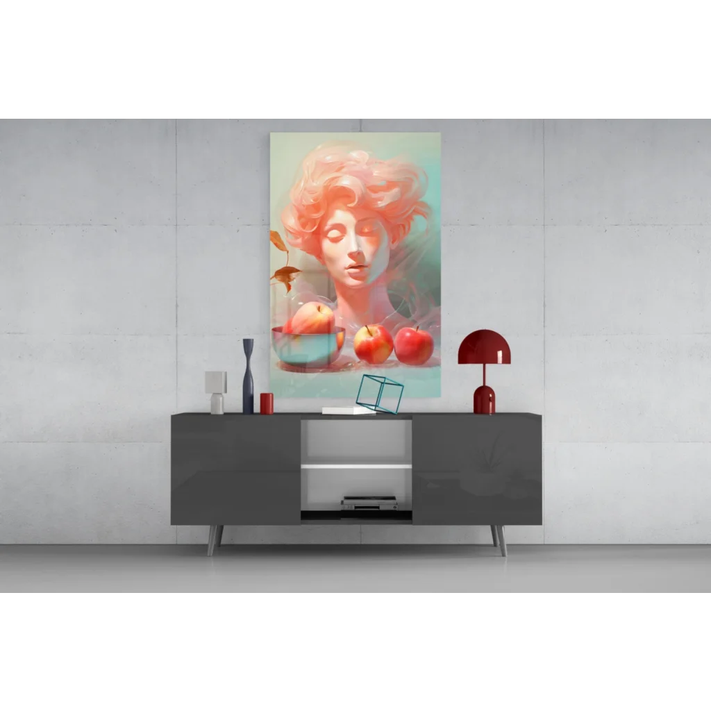 Dreamy pastel portrait wall art canvas with serene woman and apples