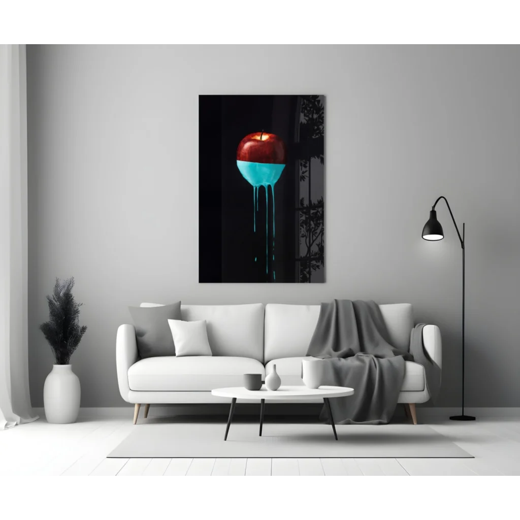 Red apple with blue liquid on stunning glass wall art, dark background