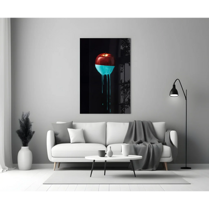 Red apple with blue liquid on stunning glass wall art, dark background