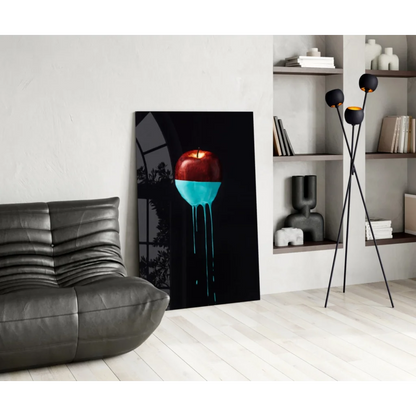 Vibrant red apple with turquoise drips on black canvas in stunning glass wall art