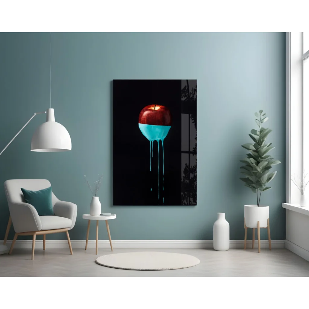 Striking red apple with blue liquid on black canvas glass wall art