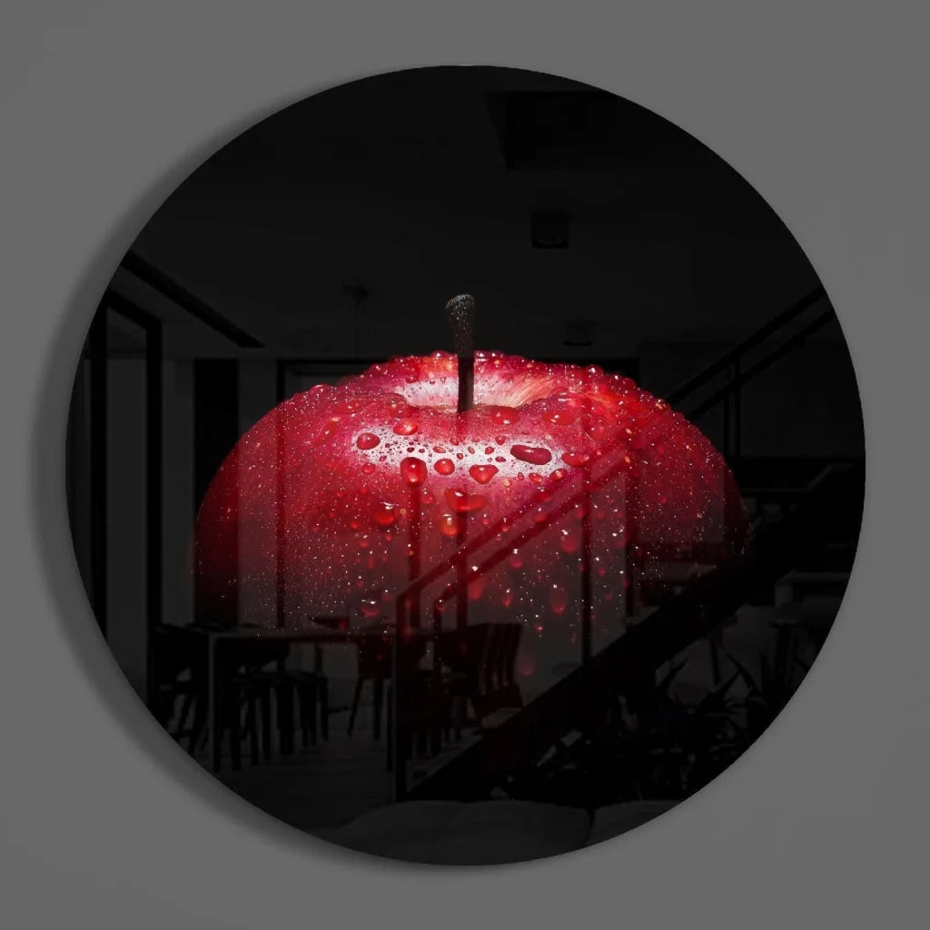 Vibrant Red Apple Tempered Glass Art with Water Droplets | Modern Wall Art Decor | vintageantiquesgifts.com