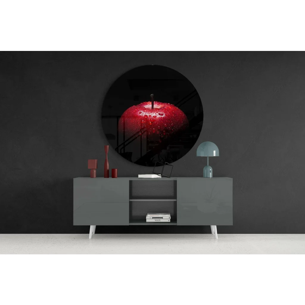 Vibrant Red Apple Tempered Glass Art with Water Droplets | Contemporary Home Wall Art | vintageantiquesgifts.com