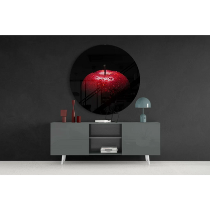 Vibrant Red Apple Tempered Glass Art with Water Droplets | Contemporary Home Wall Art | vintageantiquesgifts.com