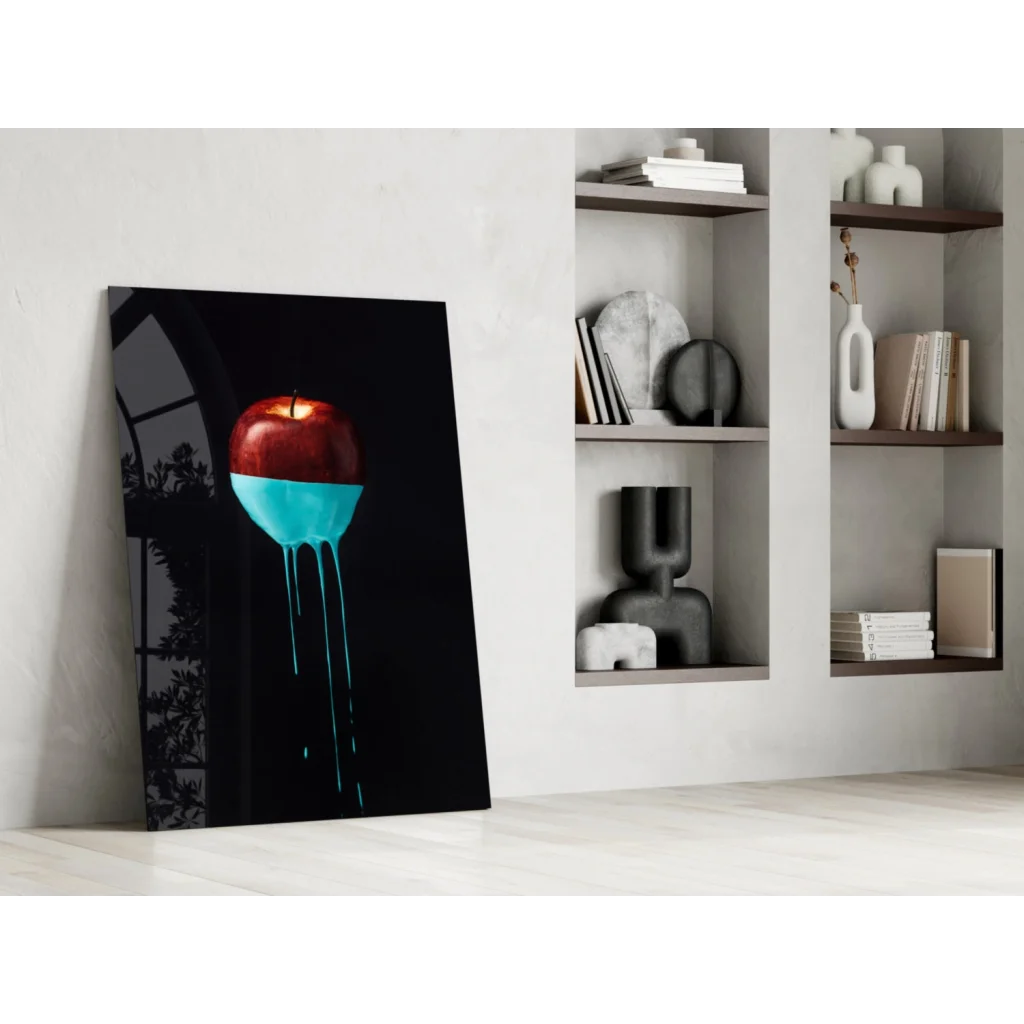 Red apple with turquoise drips on stunning glass wall art, black background