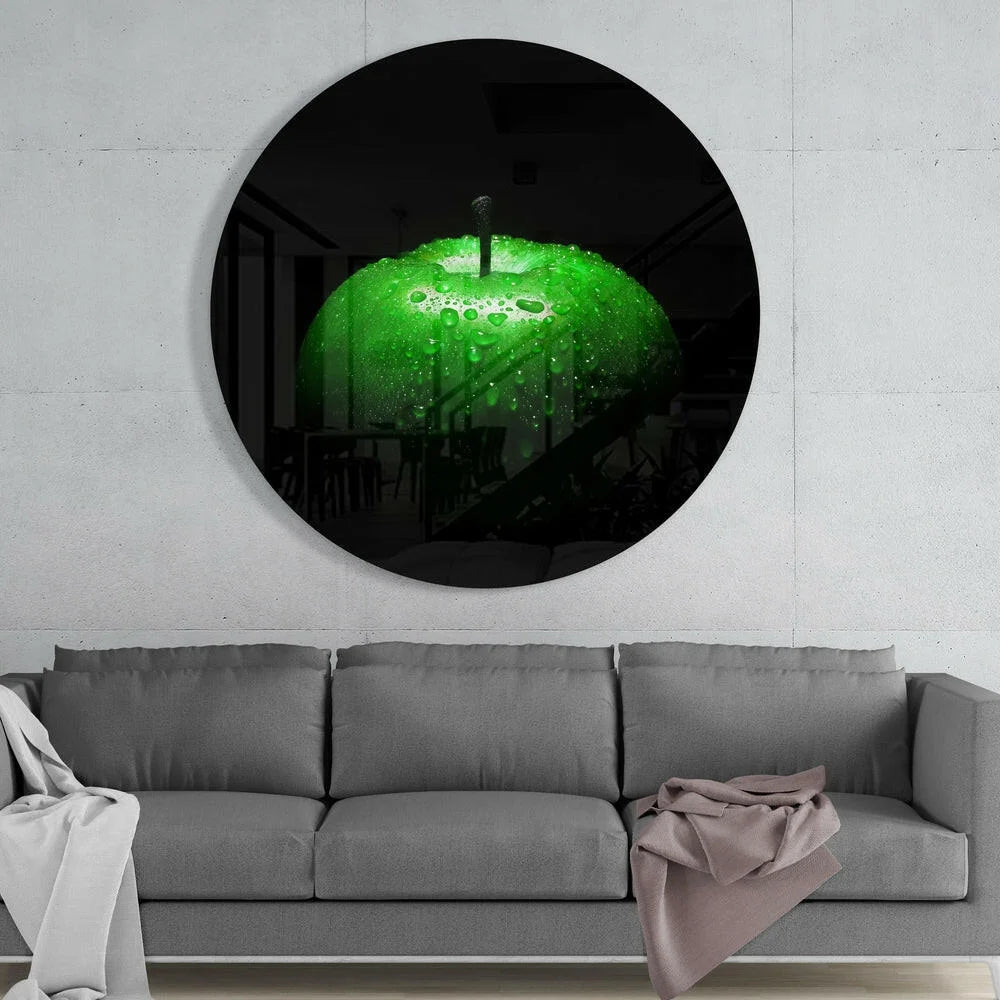 Stunning Green Apple Tempered Glass Art with Water Droplets | Glass Wall Art Print | vintageantiquesgifts.com