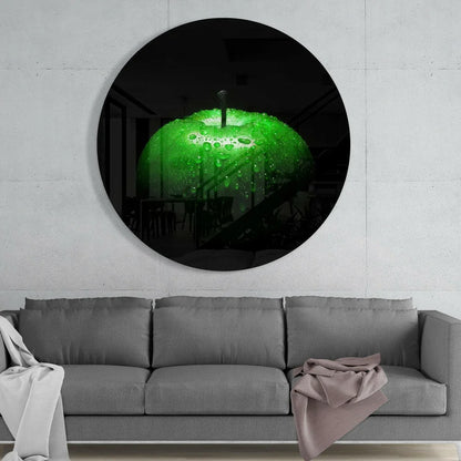 Stunning Green Apple Tempered Glass Art with Water Droplets | Glass Wall Art Print | vintageantiquesgifts.com