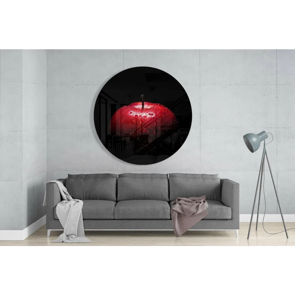 Vibrant Red Apple Tempered Glass Art with Water Droplets | Glass Wall Art Print | vintageantiquesgifts.com