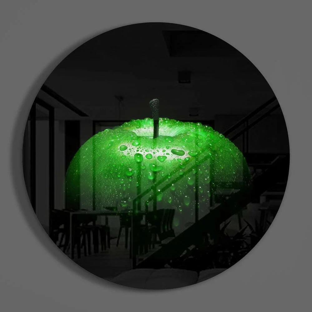 Stunning Green Apple Tempered Glass Art with Water Droplets | Modern Wall Art Decor | vintageantiquesgifts.com