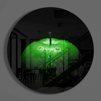 Stunning Green Apple Tempered Glass Art with Water Droplets | Modern Wall Art Decor | vintageantiquesgifts.com