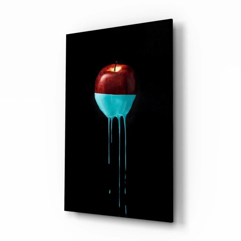 Glossy red apple in turquoise liquid, stunning glass wall art print