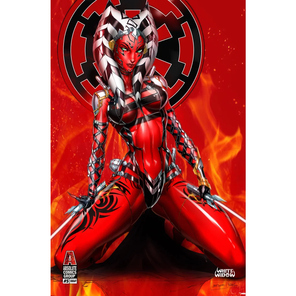 Red and black armored Ahsoka Tano in apprentice Sith smirk pose, limited edition comic