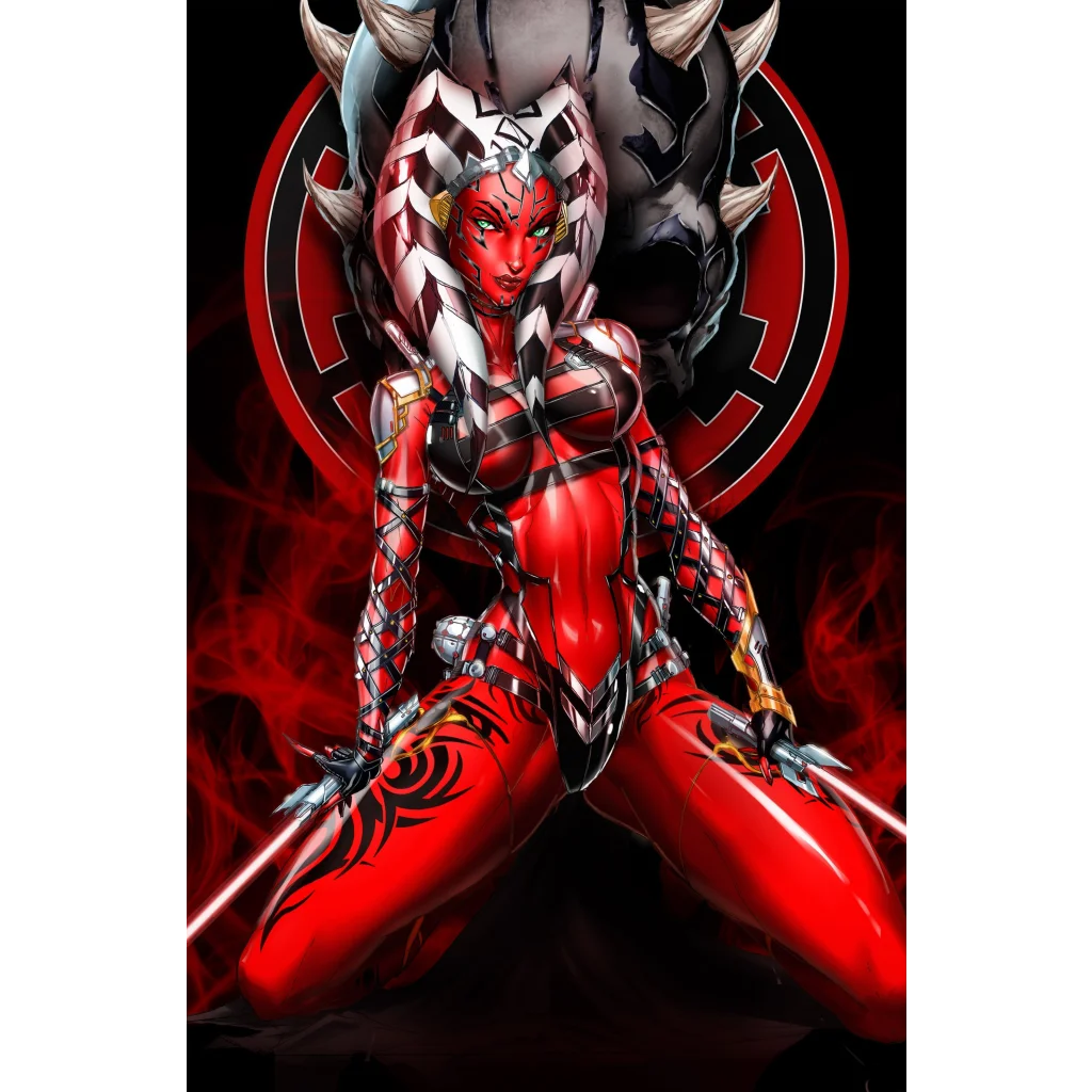 Red and black armored Apprentice Sith Smirk warrior in dynamic pose