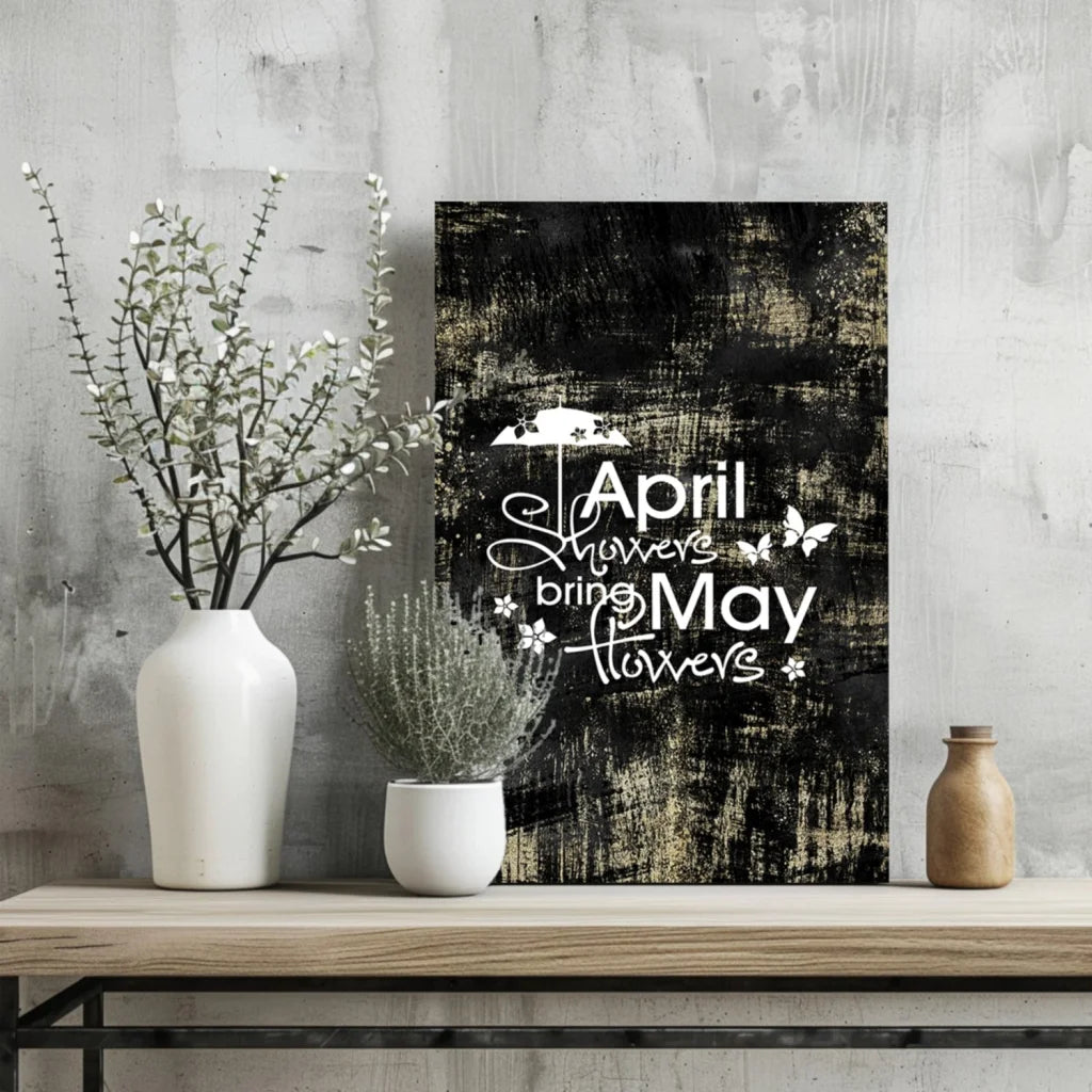 Black and white rustic April Showers Bring May Flowers aluminum wall art with umbrella, butterflies, blossoms