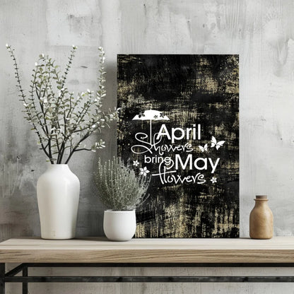 Black and white rustic April Showers Bring May Flowers aluminum wall art with umbrella, butterflies, blossoms