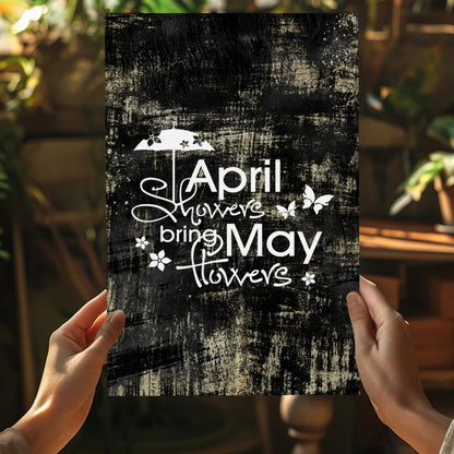 Black distressed April Showers Bring May Flowers aluminum wall art with cursive text and floral butterfly motifs