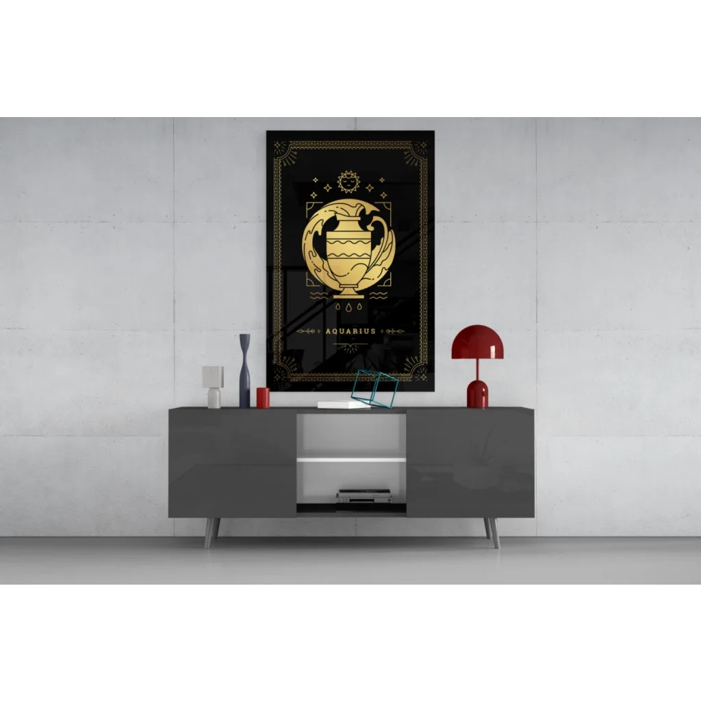 Modern gray sideboard with sleek legs and minimalist Aquarius zodiac glass wall art design