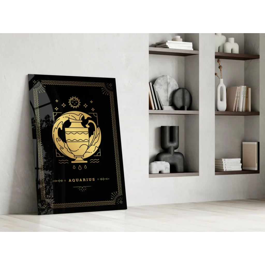 Gold Aquarius zodiac glass wall art poster in black and gold